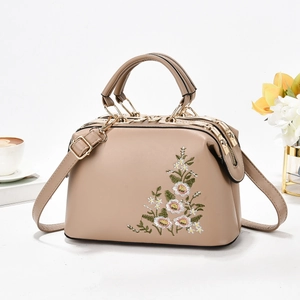 Doctor bag with floral embroidery, dual handles and gold-tone hardware for women