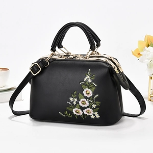 Floral Embroidery Handbag PU Leather Crossbody Bag Women Vintage Flower Doctor Bag Double Handle Detachable Shoulder Strap
