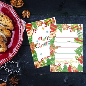 Feestelijke kerst uitnodigingskaarten met Kerstman illustraties op houten achtergrond