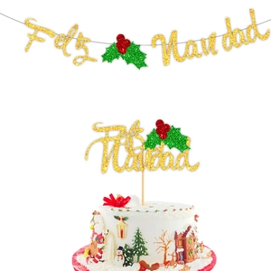 Weihnachtsset mit Feliz Navidad Banner und Kuchendeko in Goldglitzer für die Party