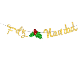 Goldener Feliz Navidad Weihnachtsbanner mit roten und grünen Stechpalmenblatt-Dekoren