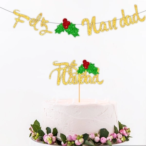 Glitzerndes Feliz Navidad Banner und passendes Kuchendekorationsset für Weihnachtsfeiern