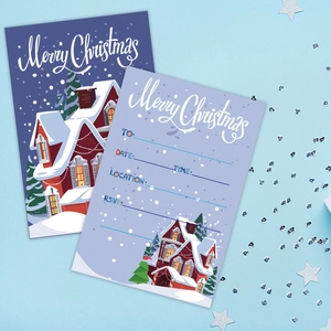 Detailed view of Christmas invitation cards with fillable event fields and glitter decor