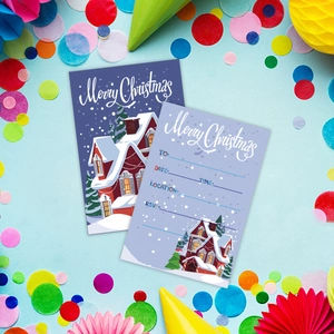 Christmas invitation card set with winter house illustration and party details on blue background
