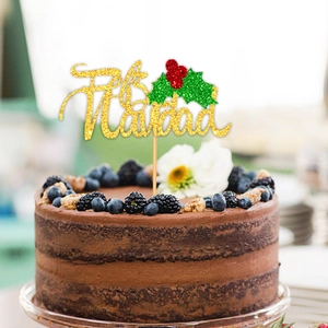 Goldener Glitzer Feliz Navidad Tortenstecker mit roten Beeren für die Weihnachtsfeier