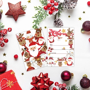 Christmas party invitation cards with cute Santa and reindeer motifs in festive setting