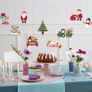 Festive Christmas hanging ornaments featuring Santa, reindeer, and trees for party decor