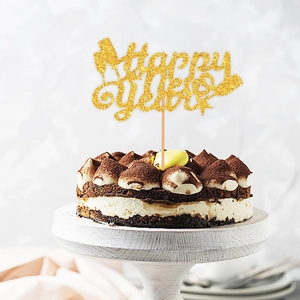 Adorno para tarta Happy New Year dorado con purpurina en soporte blanco para fiestas