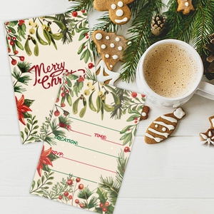 Kerst uitnodigingskaarten met bloemmotief en RSVP-formulier op witte houten ondergrond