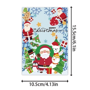 Christmas greeting card with cartoon Santa and snowman, dimensions 15.5cm by 10.5cm
