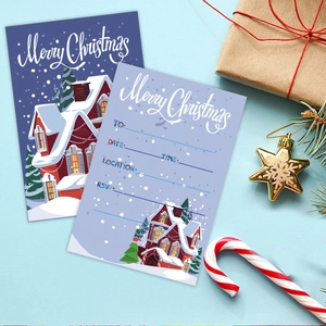 Cartoon Christmas invitation cards with festive snowy cabin scene and RSVP details