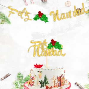 Weihnachts Feliz Navidad Banner Girlande Glitzerpapier Kuchenstecker Festliche Partydekoration Gold Rot Grün