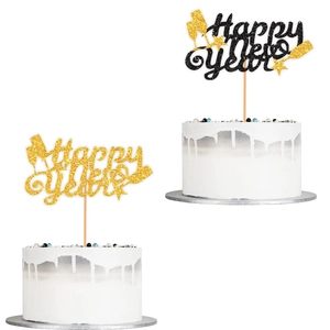 Adornos de pastel Happy New Year con purpurina dorada y negra para fiestas de año nuevo