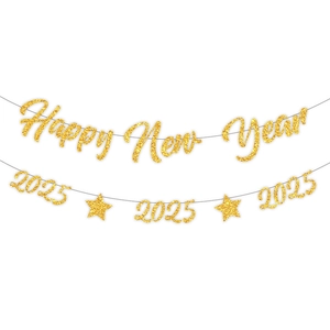 Bannière dorée pailletée Happy New Year 2025 pour décoration festive de réveillon
