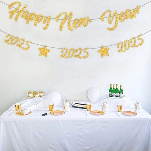 Kit Bannière Happy New Year Pailletée Or Et Guirlande D'Étoiles Pour Célébration Du Nouvel An Décoration De Fête À La Maison Fond Festif