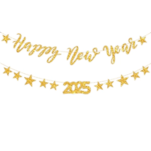 Glittery gold Happy New Year banner with 2025 stars for festive party decorations