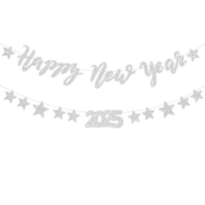 Detail of silver glitter Happy New Year banner and 2025 stars party decorations