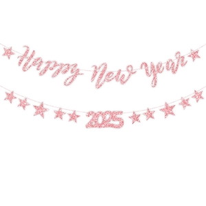 Close-up of glitter pink Happy New Year 2025 banner with sparkling stars for party decor