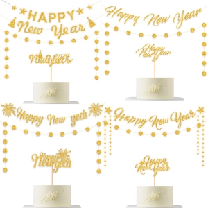 Glittery gold Happy New Year 2024 banner and cake topper set for festive party decoration