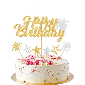 Golden glitter Happy Birthday cake topper set with silver stars for party decorations