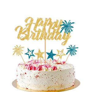 Glittering golden Happy Birthday cake topper set with blue fireworks and star details