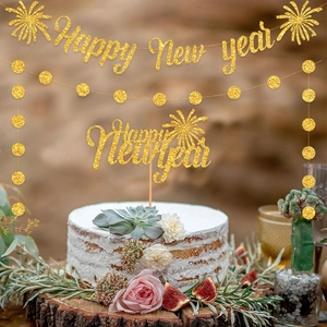 New Year Party Decoration Glitter Paper Happy New Year Banner Cake Topper Circle Dot Garland Celebration Supplies