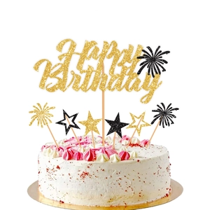 Detailed view of golden glitter Happy Birthday cake topper set with stars and sparks
