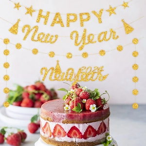Glitter gold Happy New Year banner set with 2024 cake topper and party hanging decorations