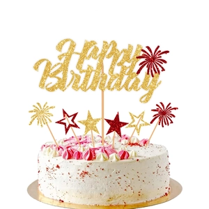 Golden glitter Happy Birthday cake topper set with stars and fireworks for party decor