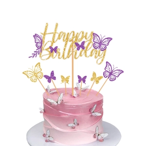 Golden glitter Happy Birthday cake topper with purple and gold butterflies set