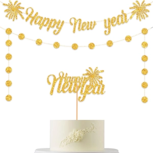 Glittery gold Happy New Year banner set with hanging garlands and cake topper decorations