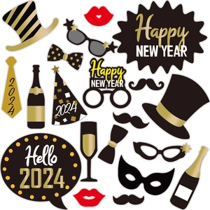 20-piece Hello 2026 New Year party photo props with gold, black, and red cardstock designs