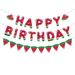 Σετ πανό Happy Birthday με θέμα καρπούζι και σχέδια από κόκκινες και πράσινες φέτες