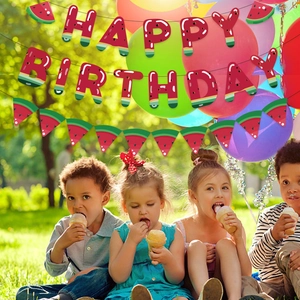 Σετ γιρλάντα Happy Birthday με θέμα καρπούζι και σημαιάκια για παιδικό πάρτι