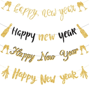 Bannière Happy New Year Guirlande Suspendue En Papier Pailleté Avec Design Verre À Champagne Décoration De Fête