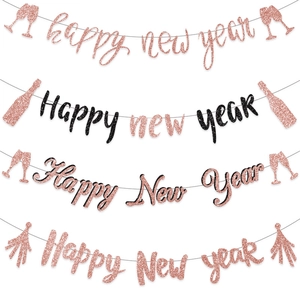 Bannière Happy New Year pailletée or rose et noir avec motifs de verres et bouteilles de fête