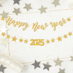 Happy New Year Banner Glitter Paper Star Garland Hanging Decorations Party Supplies For Home New Year Eve Celebration
