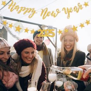Glittering gold Happy New Year 2025 banner with stars for festive party decorations