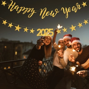 Glittery Happy New Year 2025 banner set with stars for festive party decorations