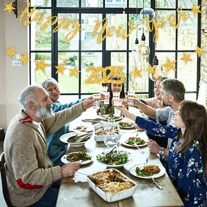 Glittery gold Happy New Year 2025 banner with stars for festive party wall decoration