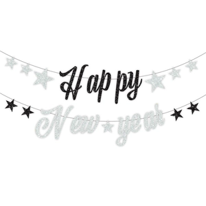 Detail of glitter Happy New Year party banner in black and silver glittery cardstock