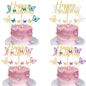 Glitter Butterfly Happy Birthday Cake Toppers Set Paper Hollow Out Butterfly Baking Decoration For Birthday Party