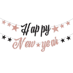 Glittering black and rose gold Happy New Year banner for 2024 New Year party decorations
