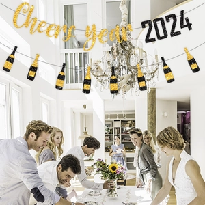 Glittery Cheers Year 2026 banner with black gold champagne bottles for party decor
