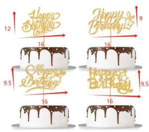Detail view of four gold glittery Happy Birthday cake toppers with dimension markings