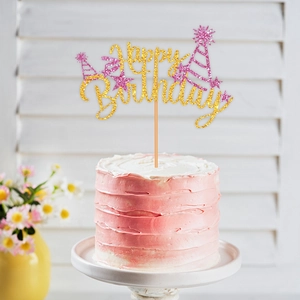 Golden glitter Happy Birthday cake topper with pink star and party hat decoration