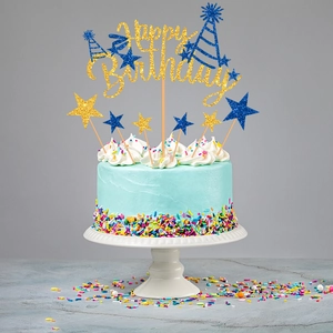 Sparkling gold Happy Birthday cake topper set with blue stars for party decorations