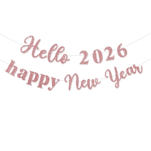 Bannière pailletée or rose Hello 2026 et Happy New Year pour décoration de fête 2026