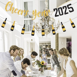 New Year 2026 Cheers Year Banner And Champagne Bottle Bunting Glitter Paper Party Decoration Eve Celebration Shiny