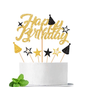 Decorazione per torta Happy Birthday set oro e nero con stelle e cappellini glitterati